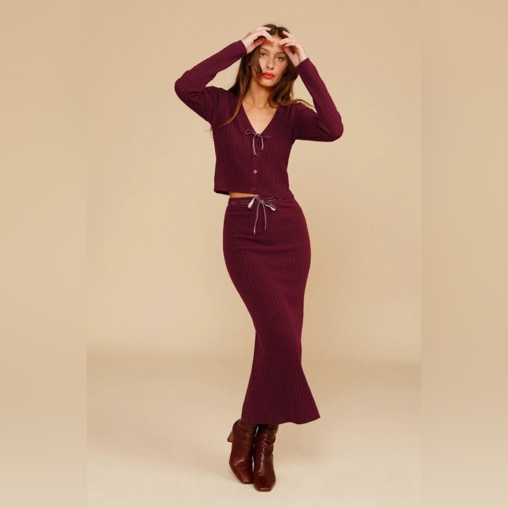 Rouje Burgundy Knit Set Elise Skirt Raphael Cardigan